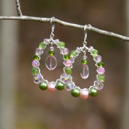 Green And Pink Bubbly Hoops With Peridot Gemstone,..