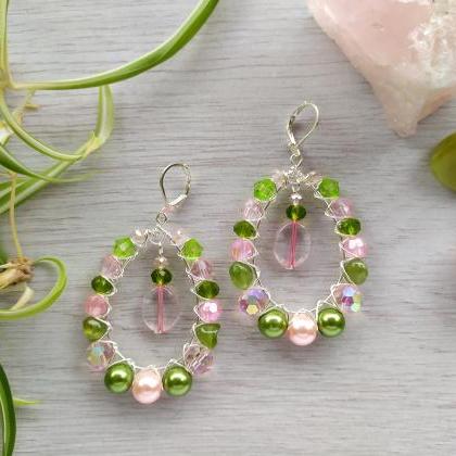 Green And Pink Bubbly Hoops With Peridot Gemstone,..