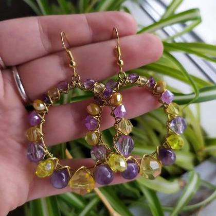 Purple And Yellow Hoop Earrings, Wire Wrapped..