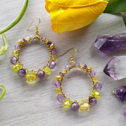 Purple And Yellow Hoop Earrings, Wire Wrapped..