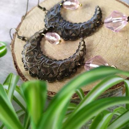 Pink Boho Earrings, Crescent Moon Bronze Earrings,..