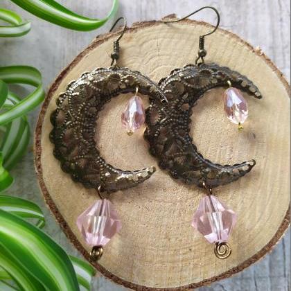 Pink Boho Earrings, Crescent Moon Bronze Earrings,..