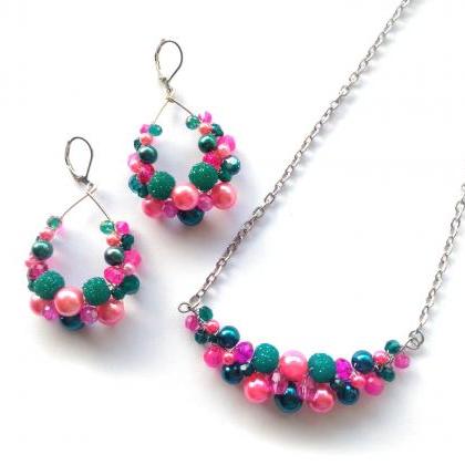 Magenta And Teal Beaded Necklace, Wire Wrapped..
