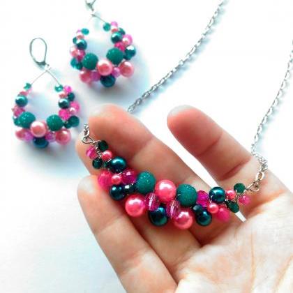 Magenta And Teal Beaded Necklace, Wire Wrapped..