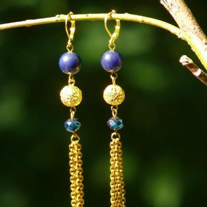 Long Dark Blue And Gold Earrings, Dainty Chain..