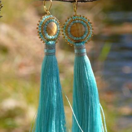 Long Tassel Earrings With Amazonite Gemstone,..