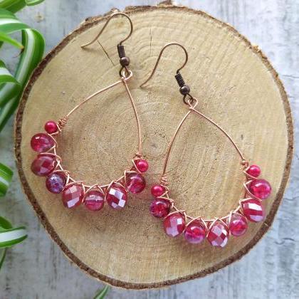 Red Beaded Earrings, Wire Wrapped Copper Hoops,..