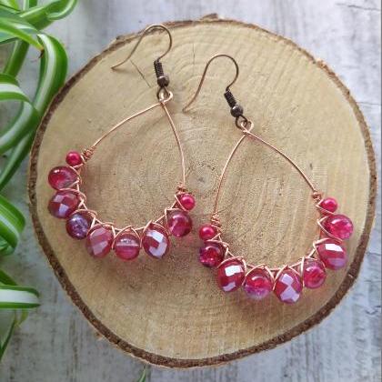Red Beaded Earrings, Wire Wrapped Copper Hoops,..