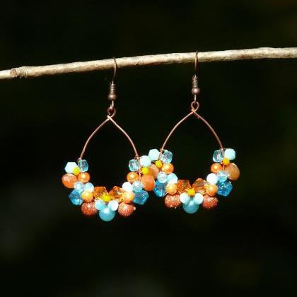 Orange And Blue Statement Earrings, Wire Wrapped..