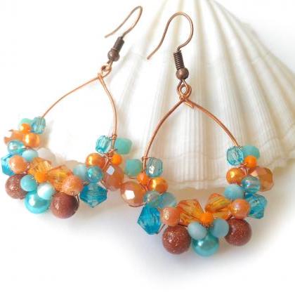 Orange And Blue Statement Earrings, Wire Wrapped..