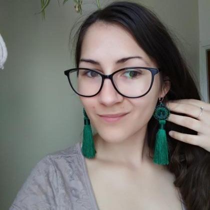 Swarovski Crystals Tassel Earrings, Long Emerald..