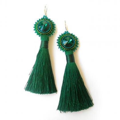 Swarovski Crystals Tassel Earrings, Long Emerald..