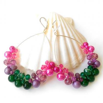 Tropical Hoop Earrings, Pink Purple Green Beaded..