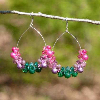 Tropical Hoop Earrings, Pink Purple Green Beaded..
