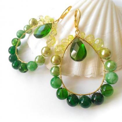 Green Jade Hoop Earrings, Long Green Ombre..