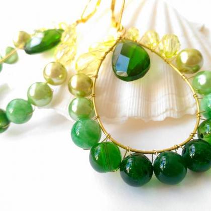 Green Jade Hoop Earrings, Long Green Ombre..