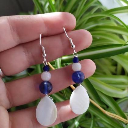White And Blue Gemstone Earrings, Mother Of Pearl..