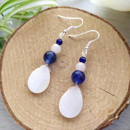 White And Blue Gemstone Earrings, Mother Of Pearl..