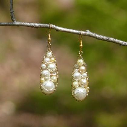 White Pearl And Gold Drop Earrings, Pearl Ivory..