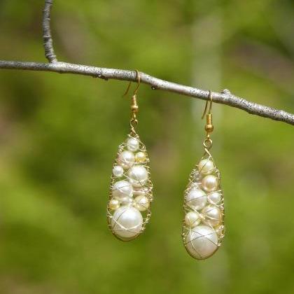 White Pearl And Gold Drop Earrings, Pearl Ivory..