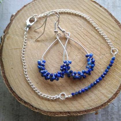 Dainty Lapis Lazuli Earrings, Wire Wrapped Hoops..