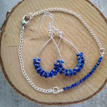 Dainty Lapis Lazuli Earrings, Wire Wrapped Hoops..