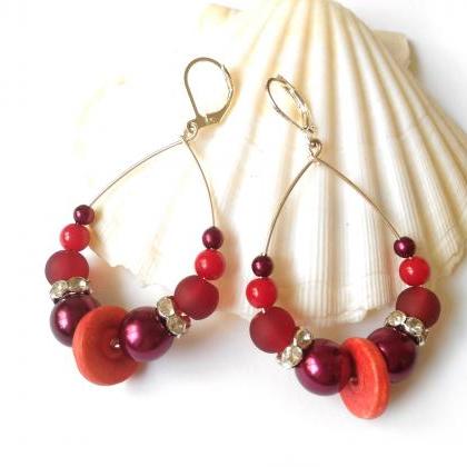 Red Hoop Earrings, Dark Red Dangle Earrings, Wire..
