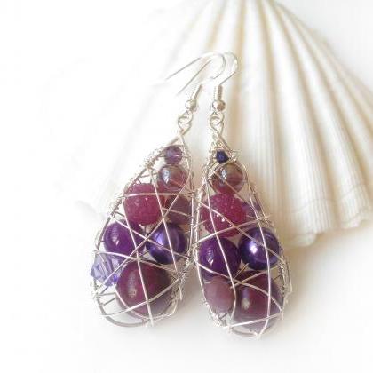 Purple Wire Wrapped Earrings, Violet Drop..