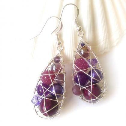 Purple Wire Wrapped Earrings, Violet Drop..