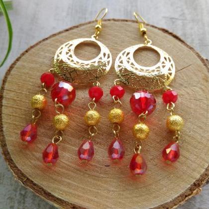 Long Cluster Red Earrings With Glass Beads, Gold..