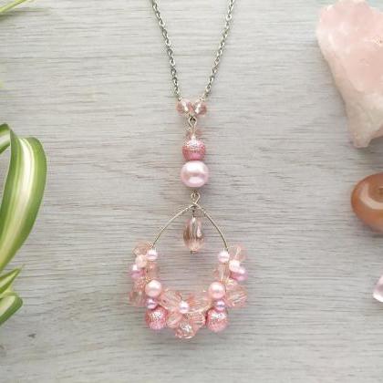 Pink Beaded Necklace, Long Necklace With Pink..