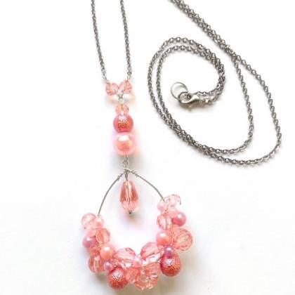 Pink Beaded Necklace, Long Necklace With Pink..