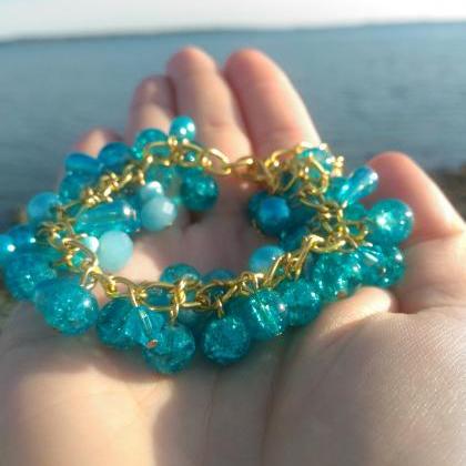 Ocean Blue Cluster Bracelet, Azure Blue Boho..
