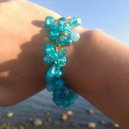 Ocean Blue Cluster Bracelet, Azure Blue Boho..