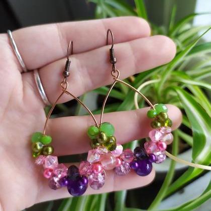 Purple Pink Green Hoop Earrings, Wire Wrapped Pink..
