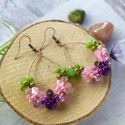 Purple Pink Green Hoop Earrings, Wire Wrapped Pink..