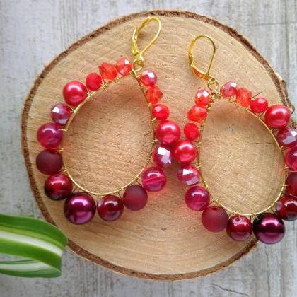 Red Beaded Earrings, Luxurious Red Boho Wire..