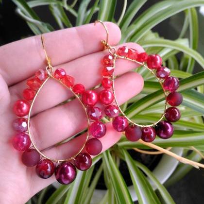 Red Beaded Earrings, Luxurious Red Boho Wire..
