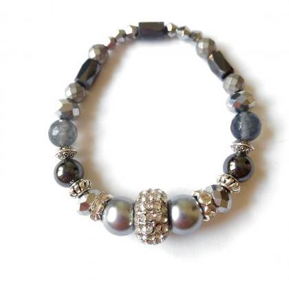 Silver Mixed Gemstone Bracelet, Agate, Hematite..
