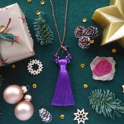 Purple Tassel Necklace, Boho Beaded Necklace,..