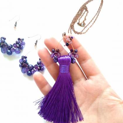 Purple Tassel Necklace, Boho Beaded Necklace,..