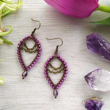 Purple Bohemian Hoop Earrings With Chains, Violet..