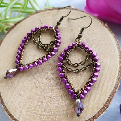 Purple Bohemian Hoop Earrings With Chains, Violet..