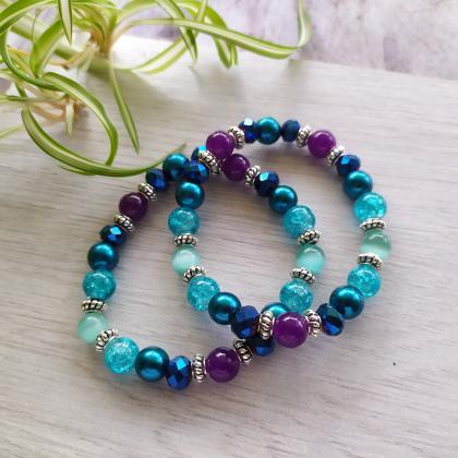 Blue Purple Turquoise Stretch Bracelet, Galaxy..