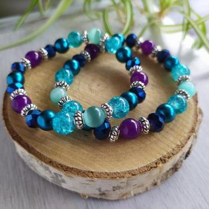 Blue Purple Turquoise Stretch Bracelet, Galaxy..