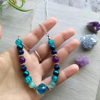 Blue Purple Turquoise Bead Necklace, Galaxy Color..