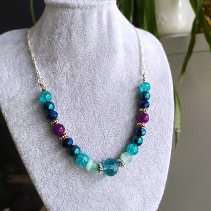 Blue Purple Turquoise Bead Necklace, Galaxy Color..