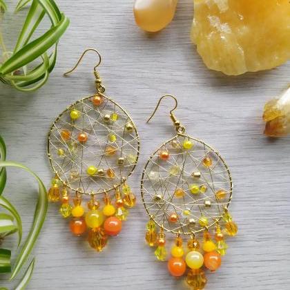 Yellow Orange Statement Earrings, Wire Wrapped..