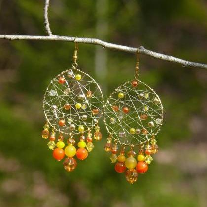 Yellow Orange Statement Earrings, Wire Wrapped..