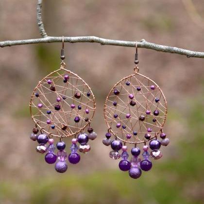 Purple Statement Earrings, Wire Wrapped Chandelier..